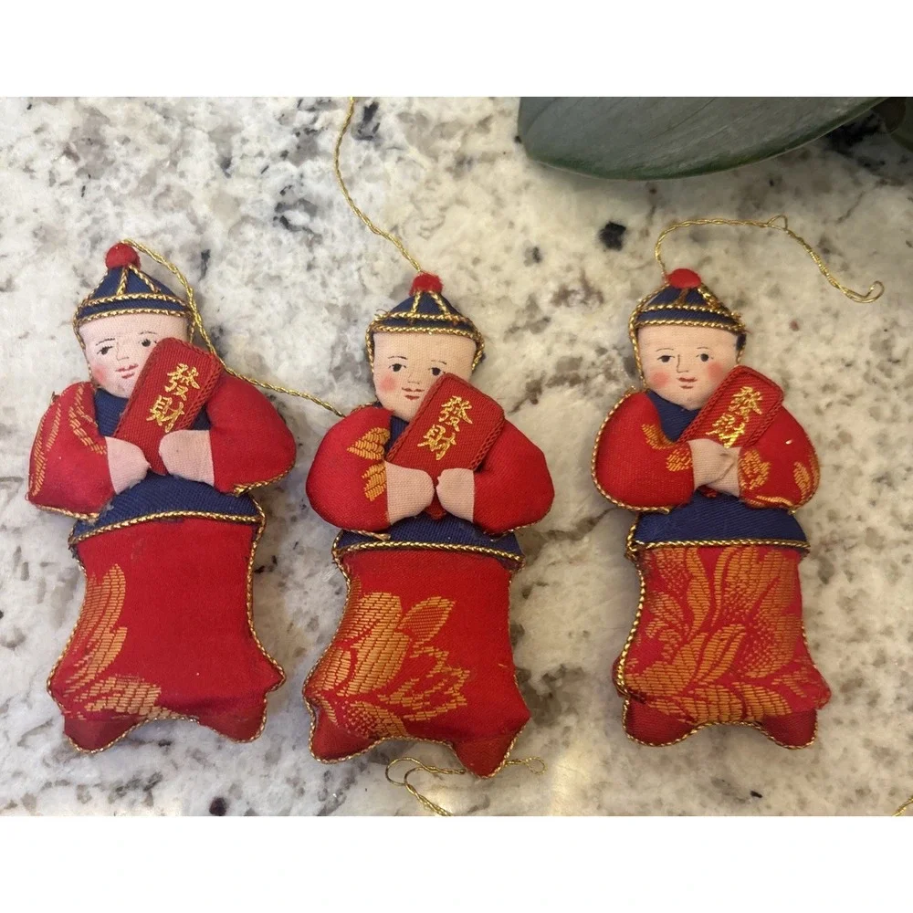 6 Silk Embellished Christmas‎ Ornaments Asian Children Chinese Lunar New Year